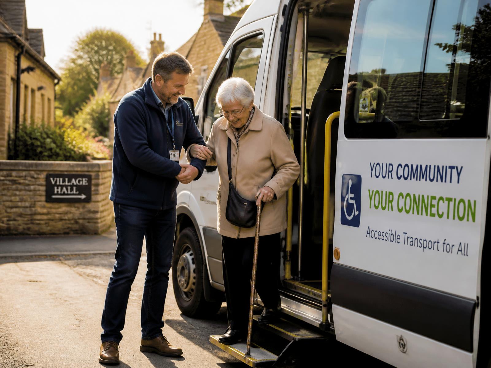 A volunteer driver helping an older passenger step down from an accessible community minibus